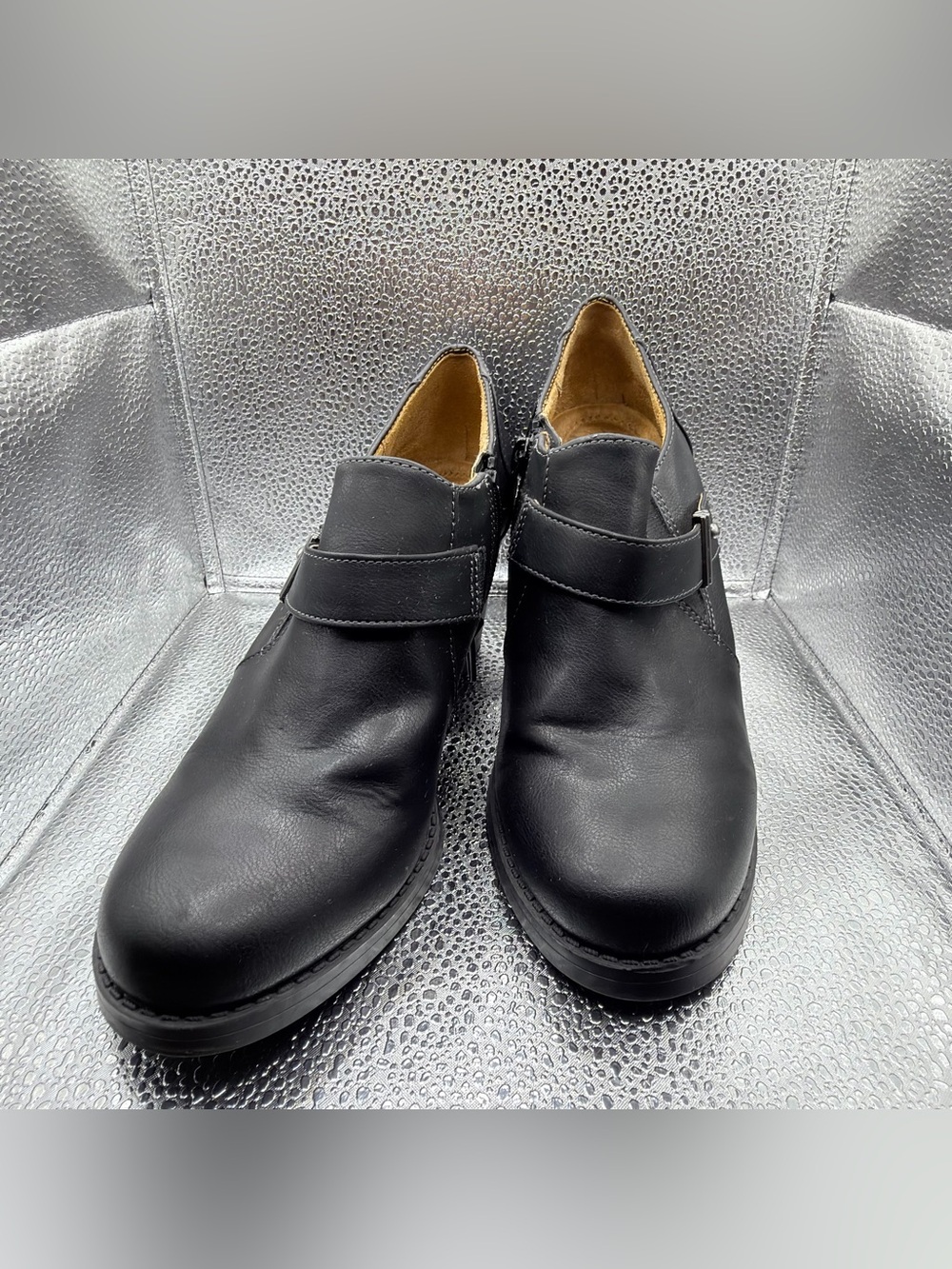 Natural Soul Black Leather Heeled Ankle Booties with Strap - Picture 2 of 14